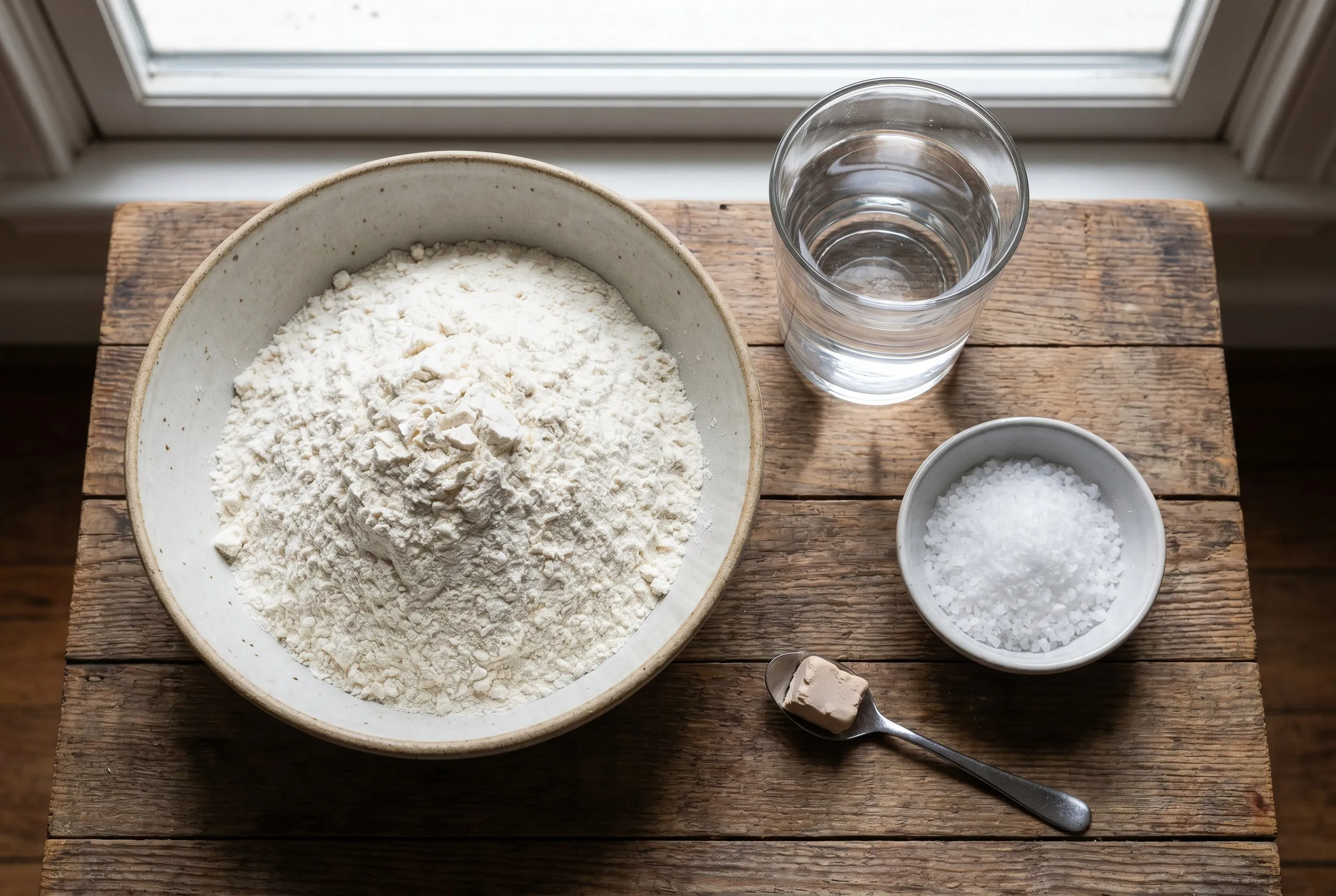 Ingredienser til napolitansk pizzadej: Tipo 00-mel, vand, salt og en lille mængde gær