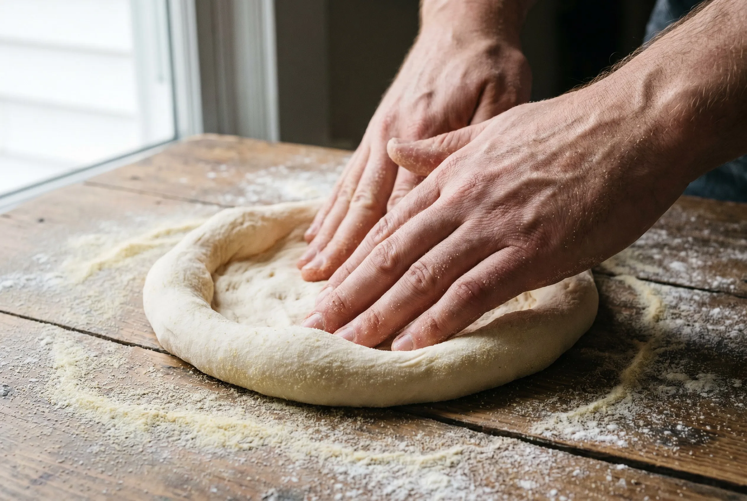 Pizzadej formes med fingerspidserne til en rund bund med luftig kant