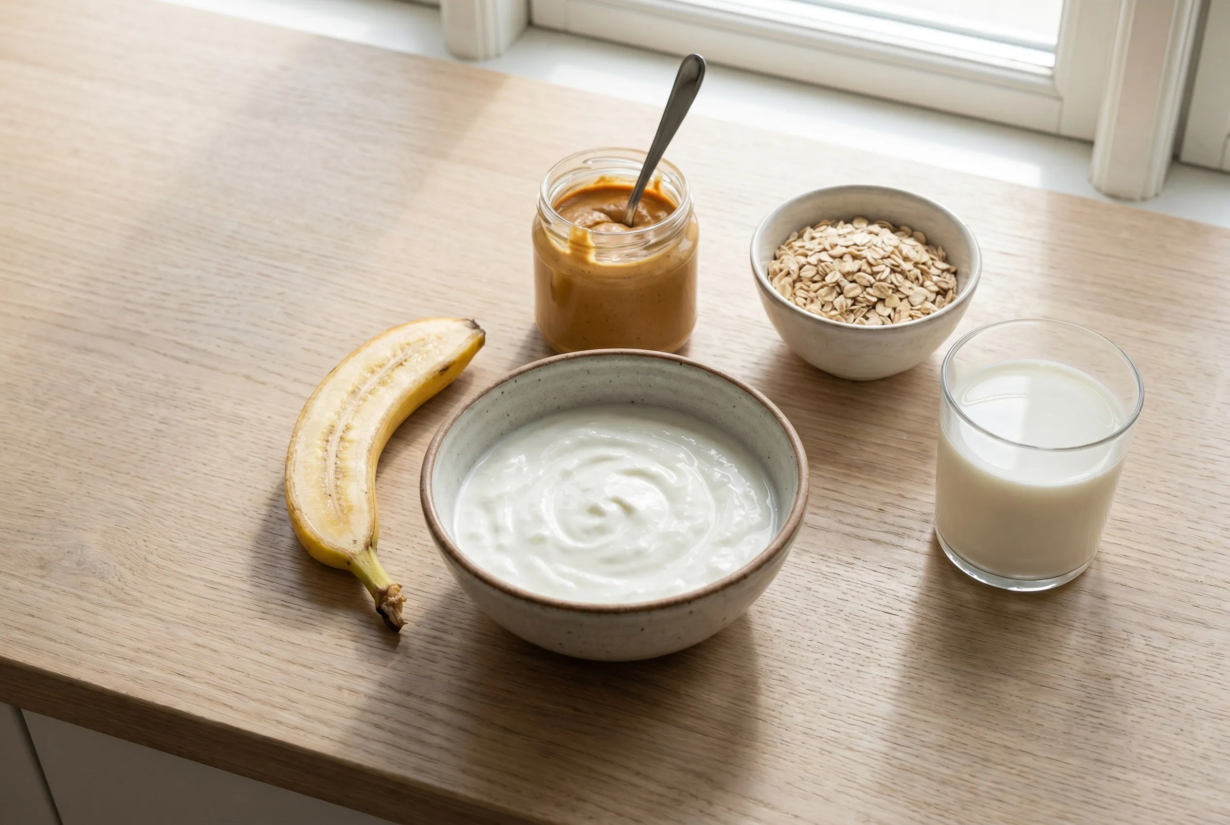 Ingredienser til proteinsmoothie: skyr, banan, jordnøddesmør, havregryn og mælk
