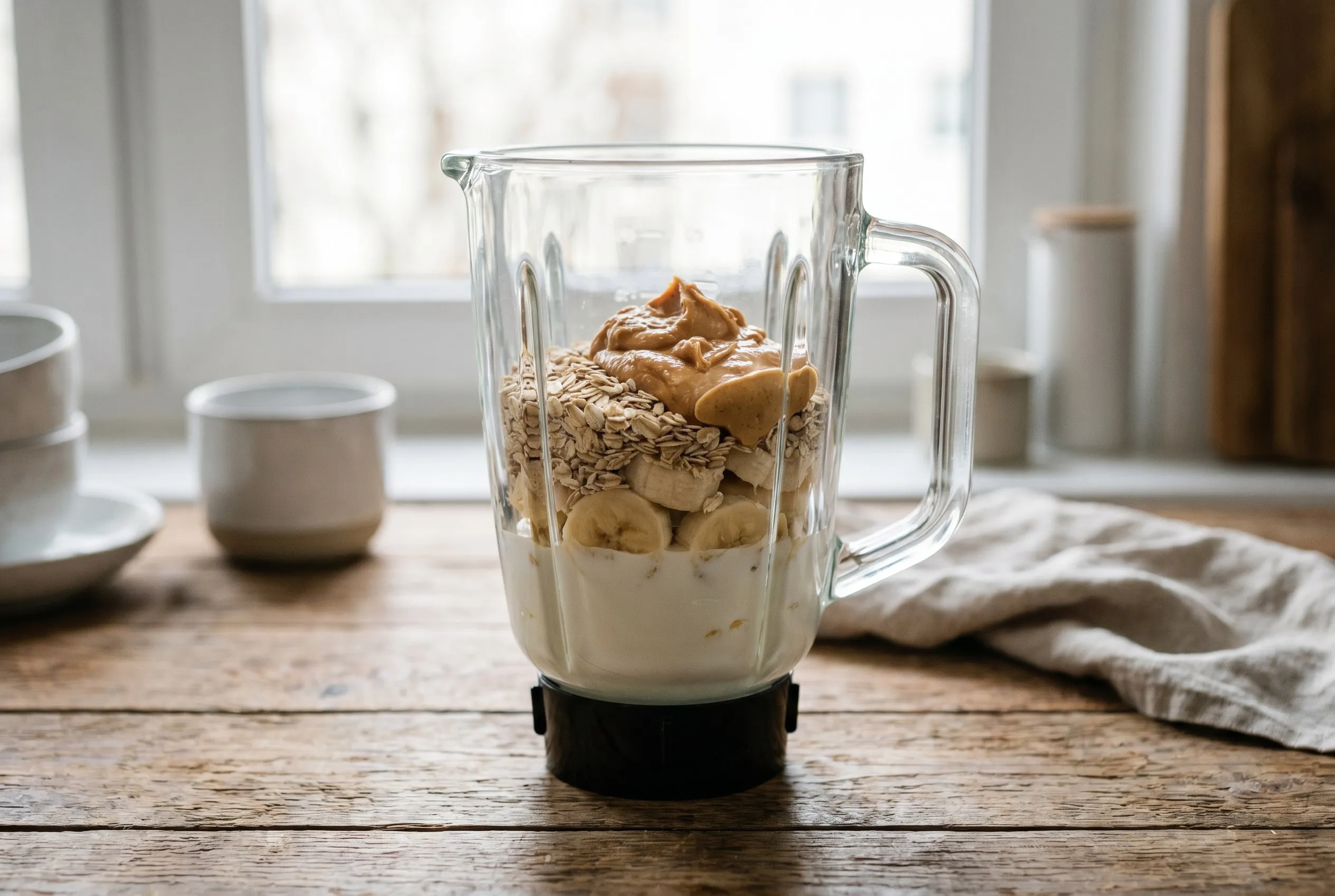 Skyr, banan, jordnøddesmør og havregryn i en blenderkande klar til at blende