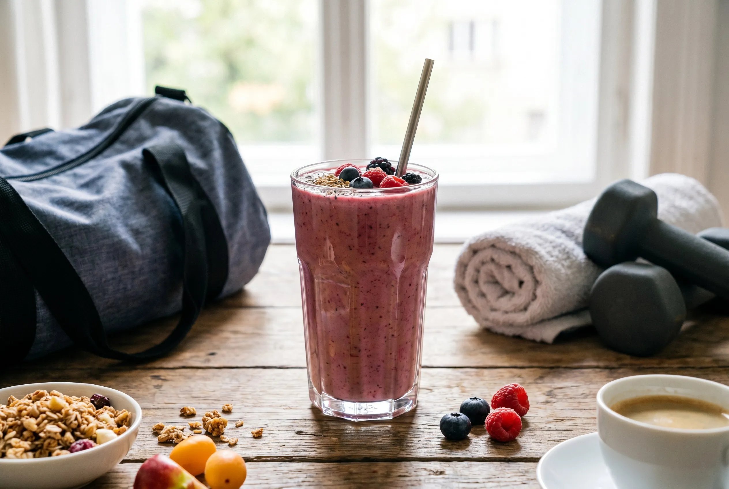 Færdig proteinsmoothie serveret i et højt glas med havregryn drysset på toppen