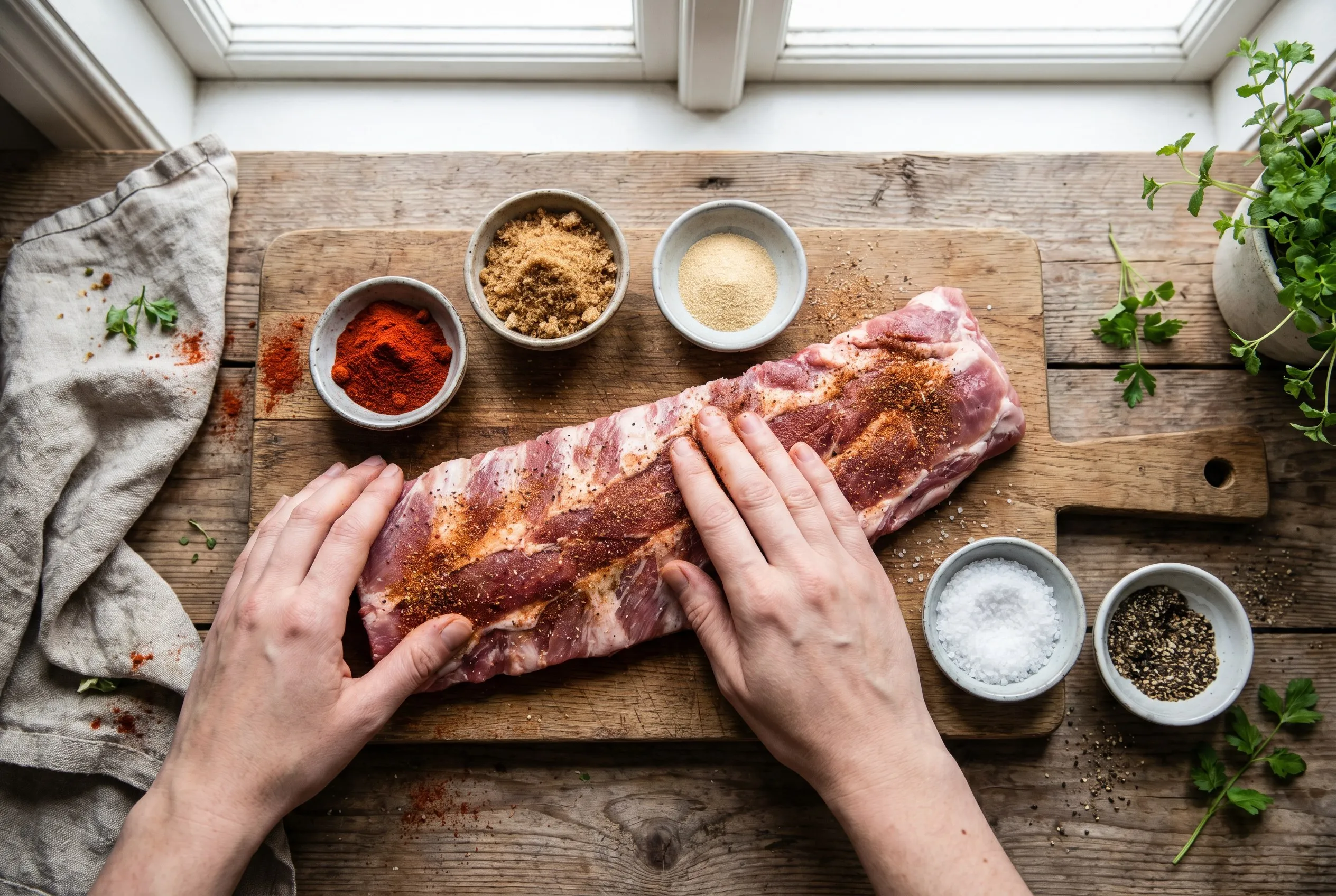 Rå spareribs der gnides med rub af paprika, brun farin, hvidløgspulver, salt og peber