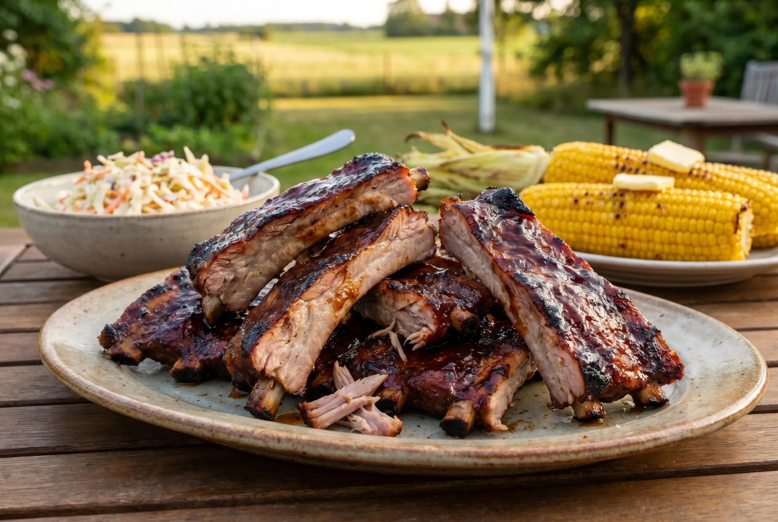 Udskårne glazede spareribs serveret på et fad med coleslaw og bagte kartofler