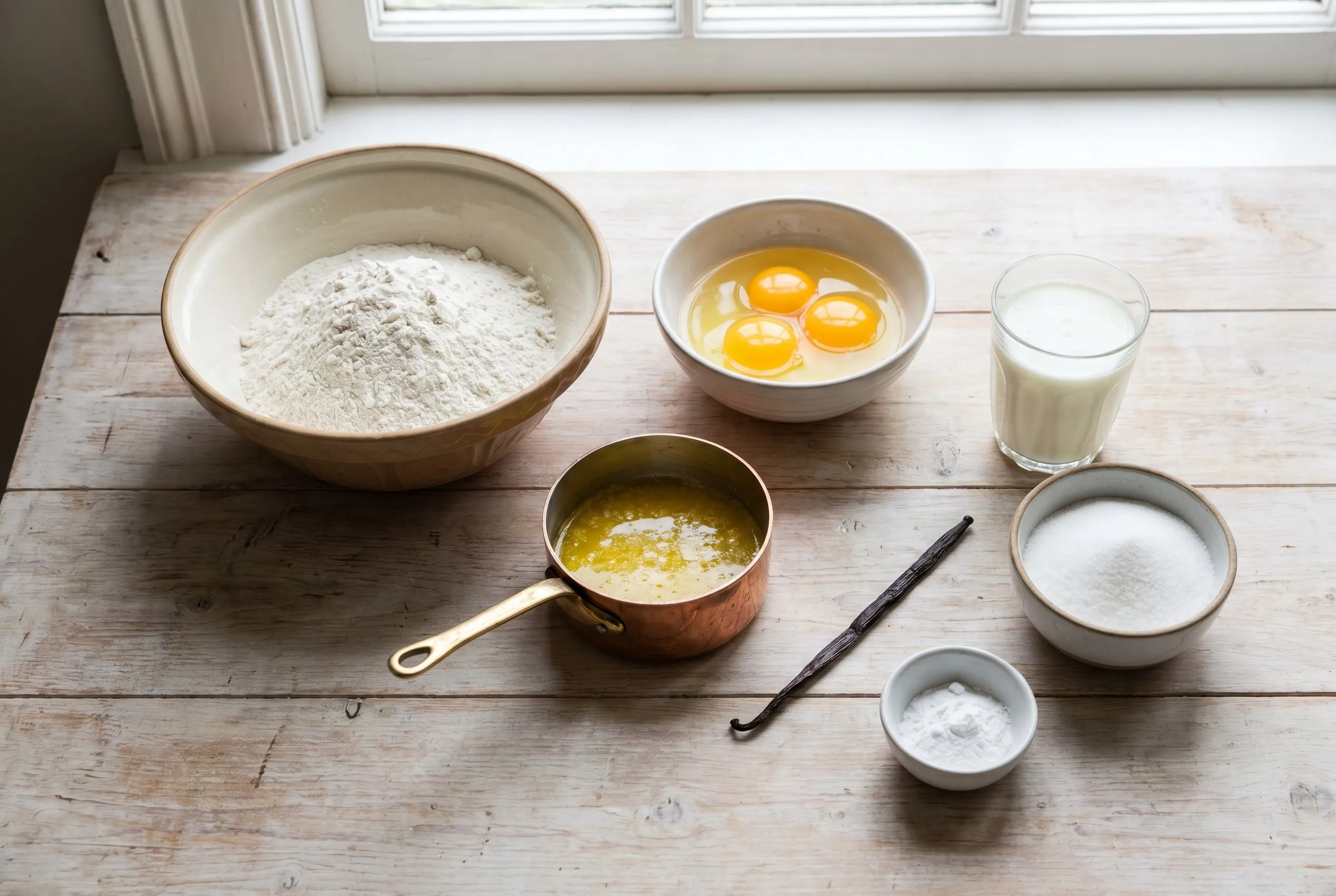 Ingredienser til vaffeldej: mel, æg, mælk, sukker og smeltet smør på et køkkenbord